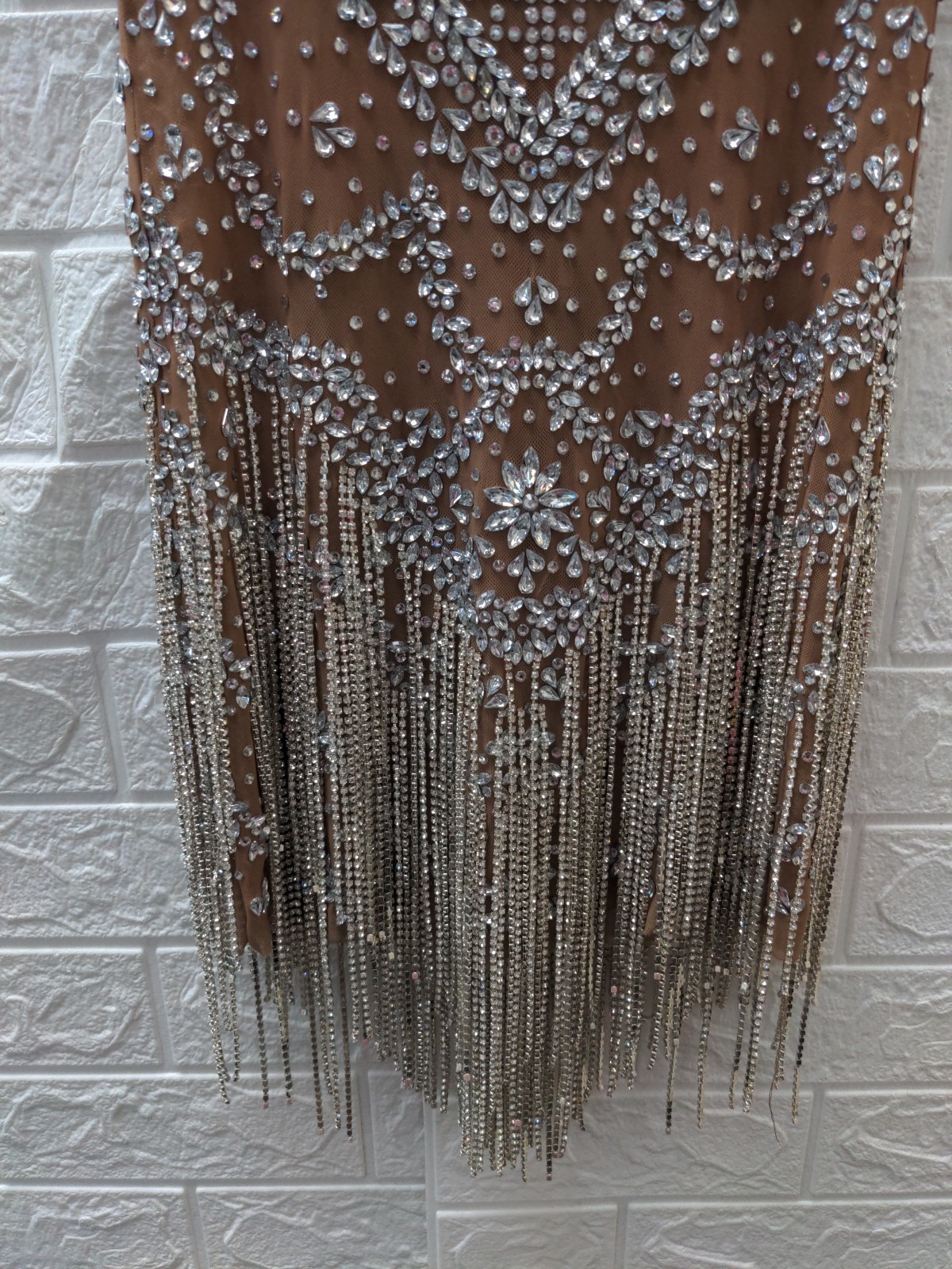 Pre-owned Mew Mews Strapless Embellished Rhinestone Fringe Mesh Mini Dress Sz M
