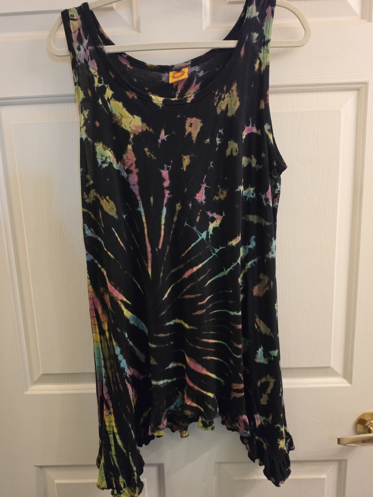 Karma Circle USA Tie Dye Tunic Mini Dress S Black Rainbow Ruffle Nepal Viscose