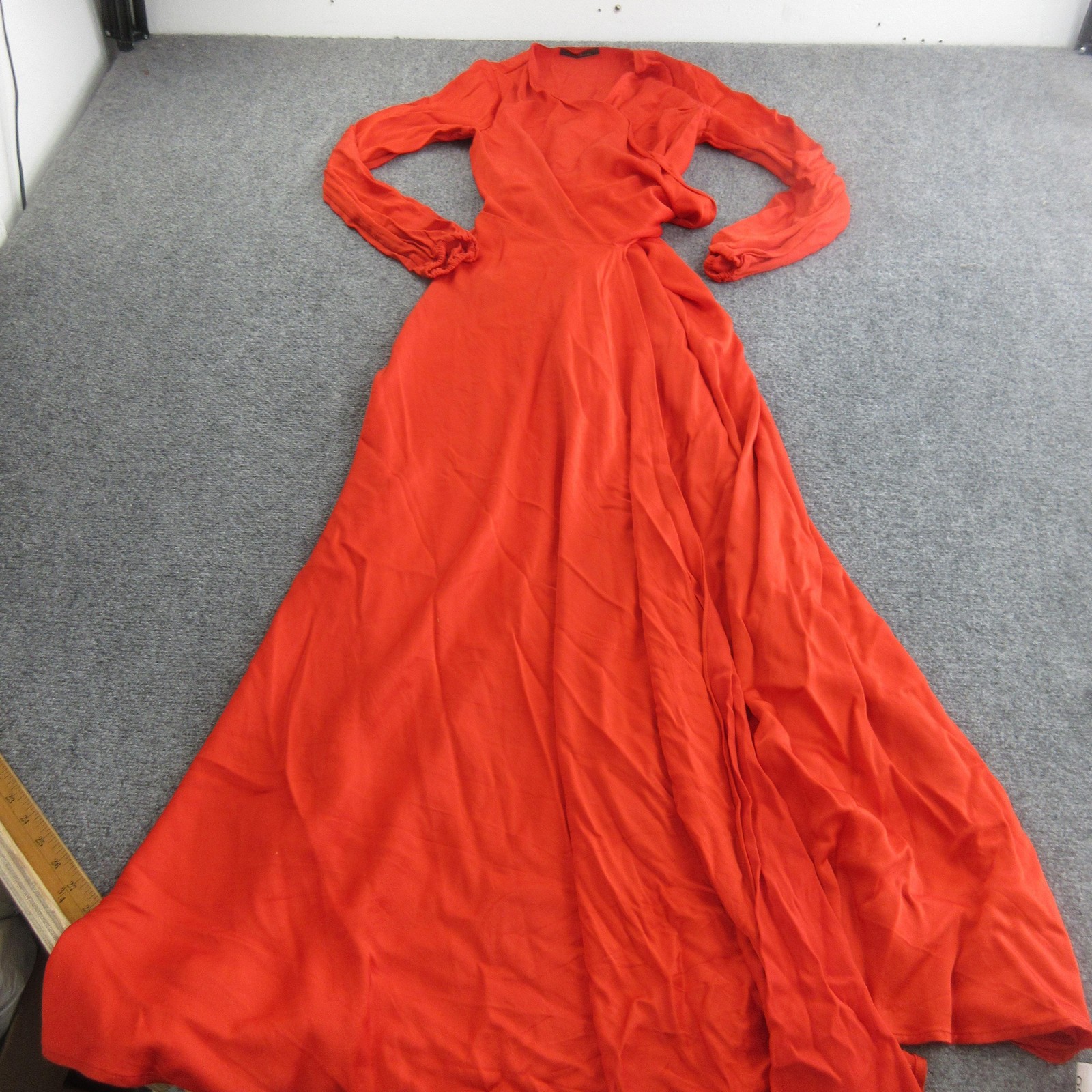 Carolina Herrera Dress Womens 6 Orange Silk Wrap Maxi Long Sleeve V Neck Belted