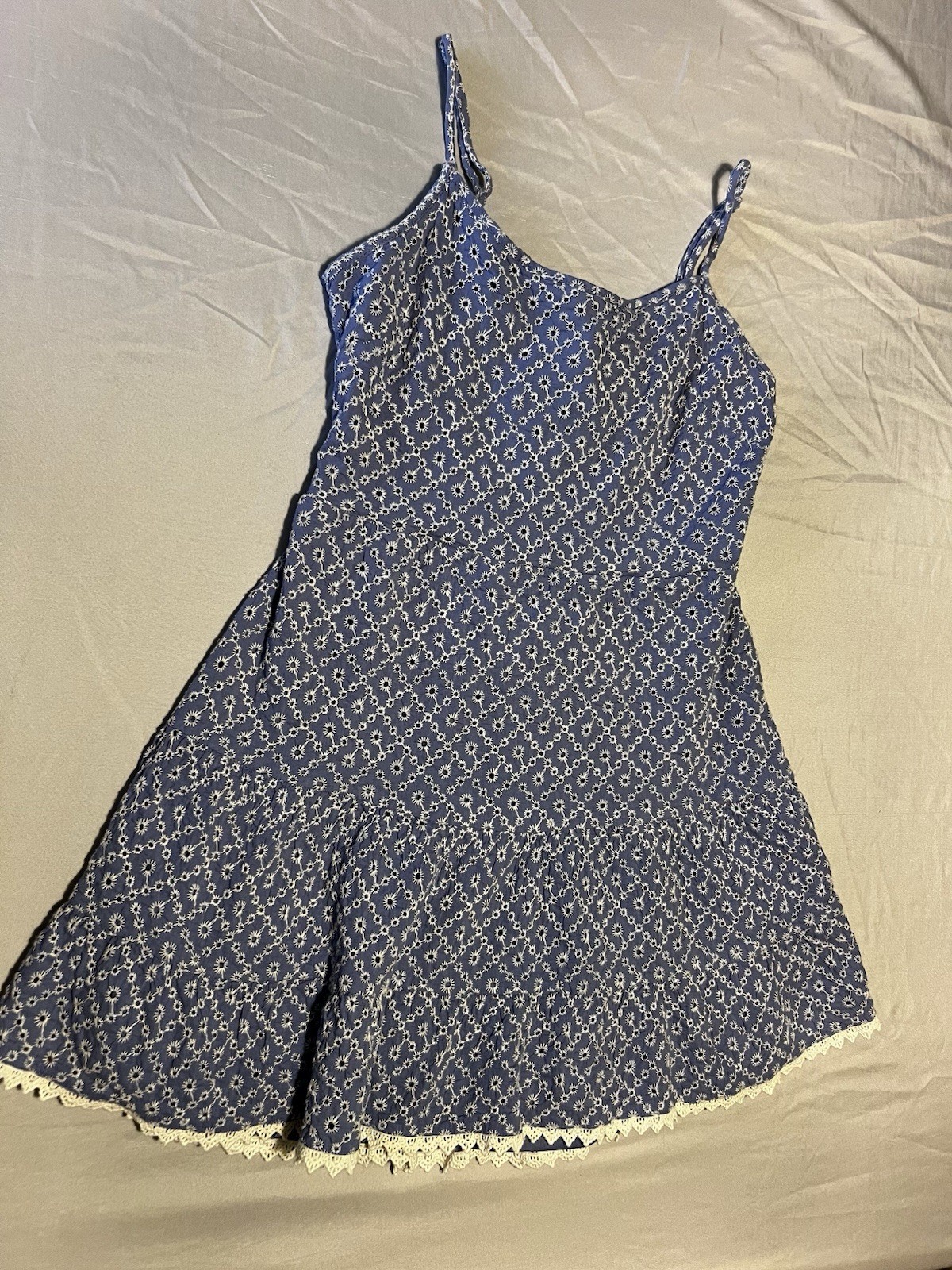 Speechless Blue White Eyelet Lace Trim Mini Sun Dress Fit & Flare Women’s Size M