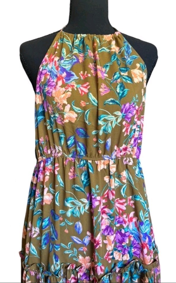 By The River Halter Tiered Ruffled Floral Maxi Dress Size L Summer To Fall EUC