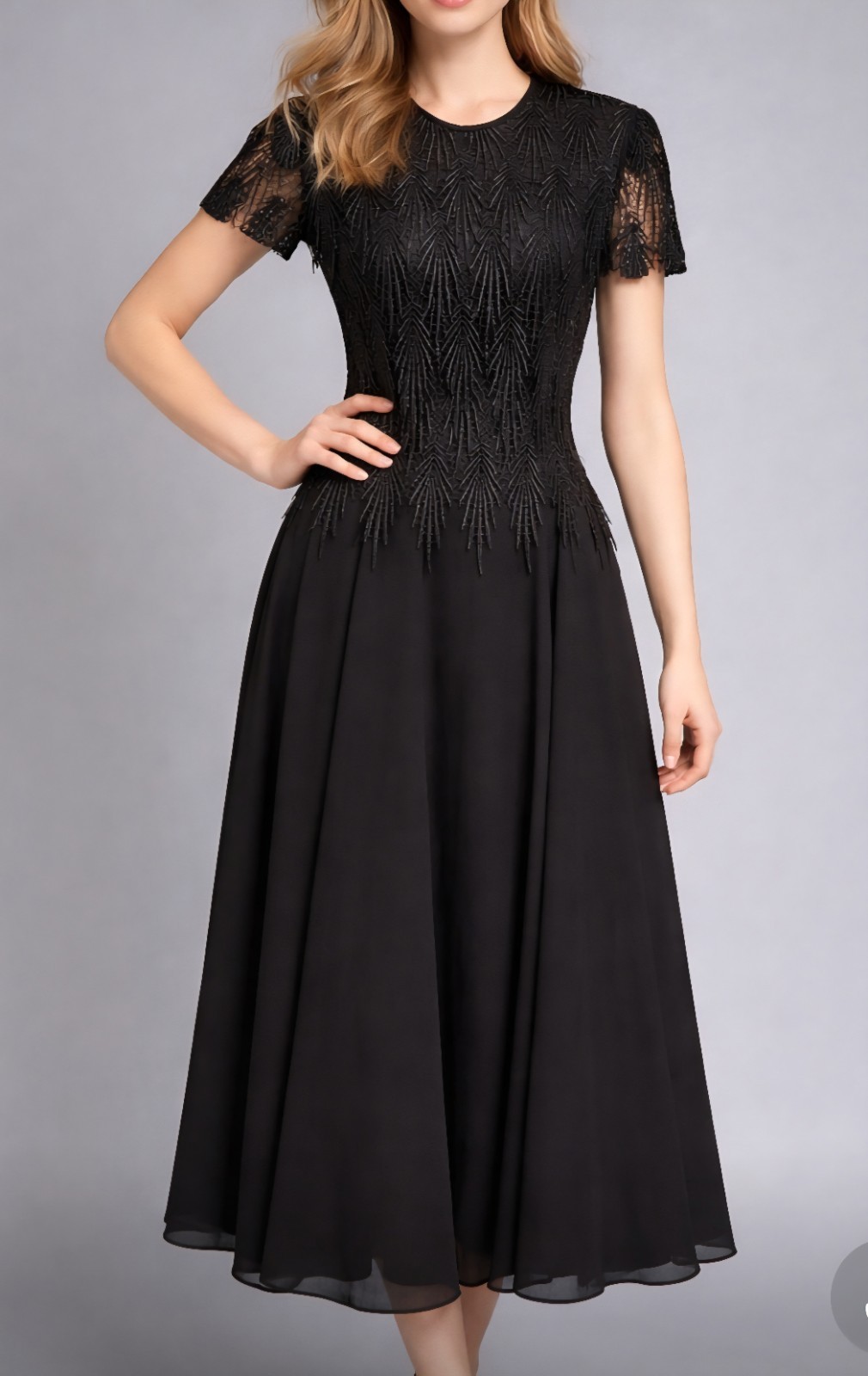 Vintage STEPHANIE ANDREWS Black Gothic Crochet Feathered Fit Flare Dress Gown 16