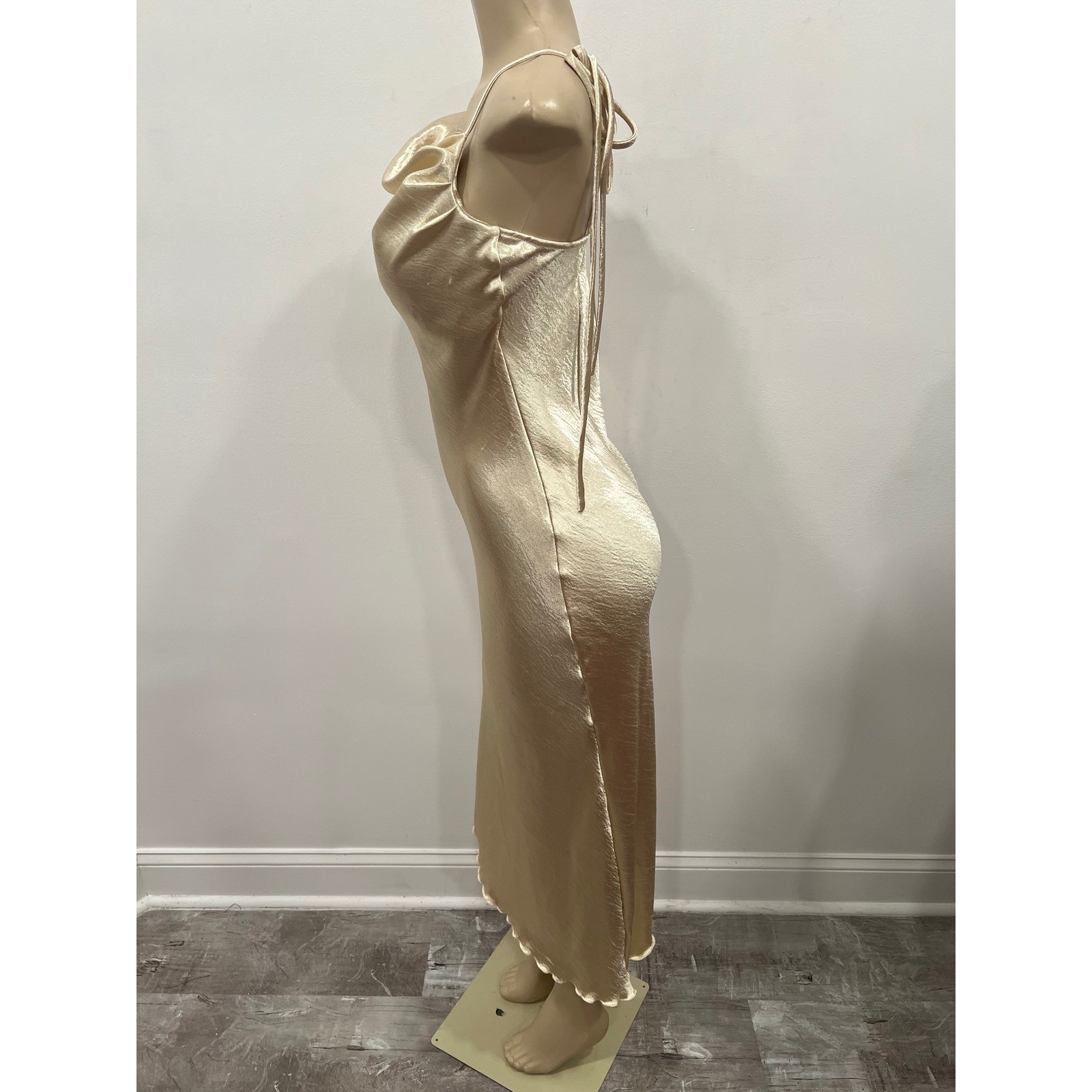 Champagne Gold Cowl Neck Satin Midi Dress Womens Medium Tie Strap