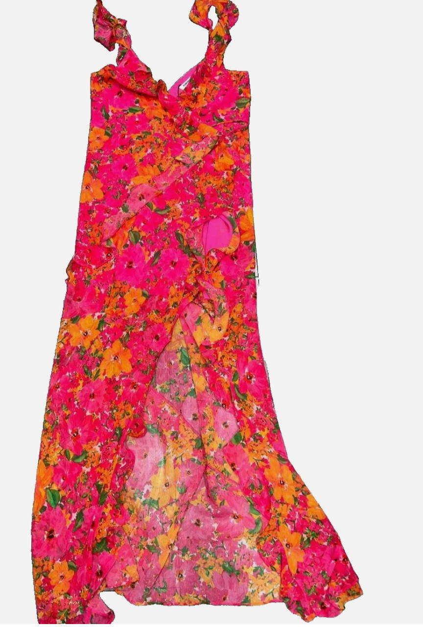 Rumored Just Like Heaven Wrap Ruffle Chiffon Y2K Maxi Dress Pink Sz M NWT