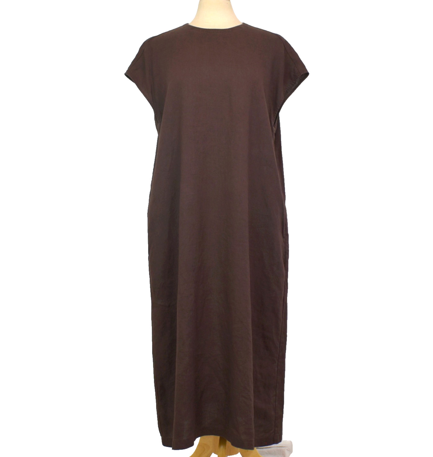 MUJI Dark Brown Washed Hemp Long Midi Dress XL Bust 46″/ Sim. to Linen