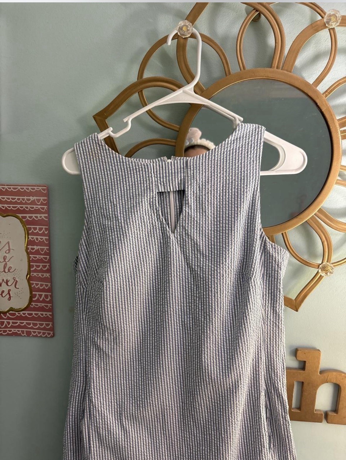 Anne Klein Shift Dress Womens 10 Blue/White Striped Seersucker Sleeveless Zip