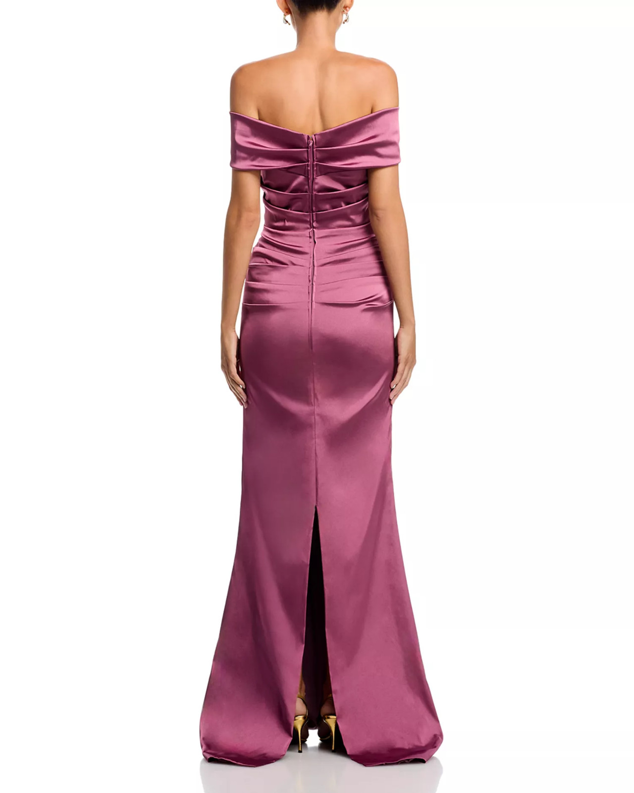 Teri Jon Rickie Freeman Gown 2 Pink Off Shoulder Satin Stretch Mermaid