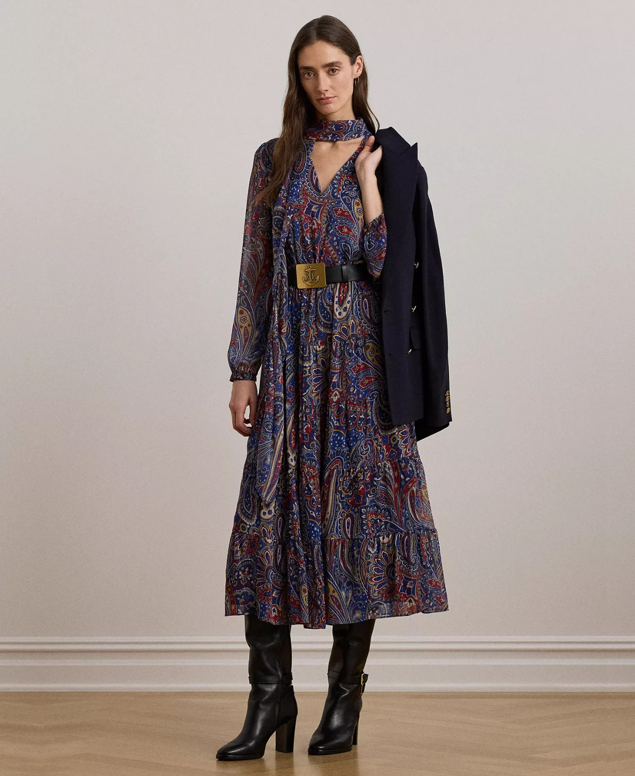 Lauren Ralph Lauren Women’s Paisley Chiffon Tiered Tie-Neck Midi Dress Blue 16
