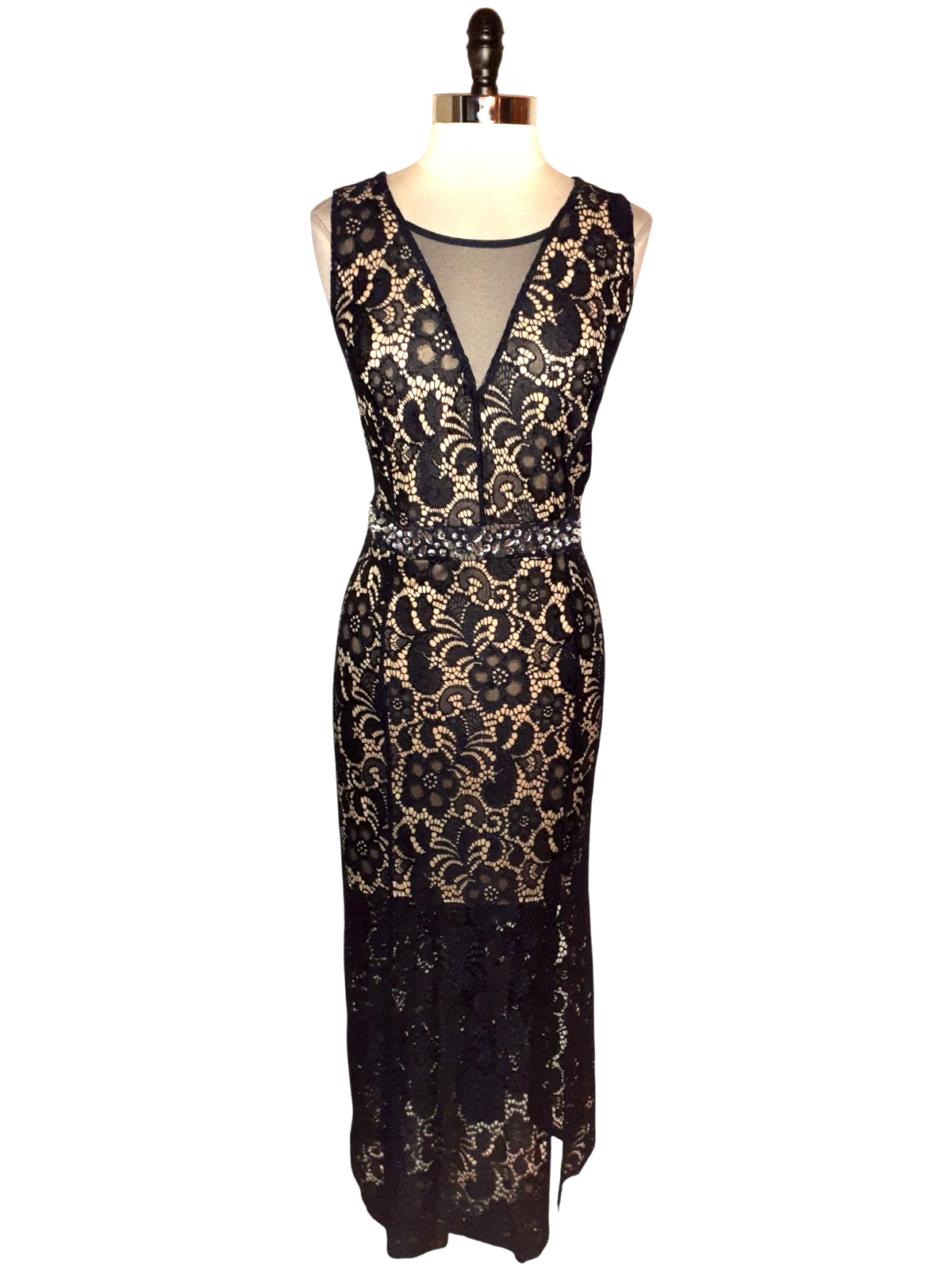 EN FOCUS STUDIO Plus Size 14W Sheath Dress Blue Floral Lace Sparkles Sleeveless