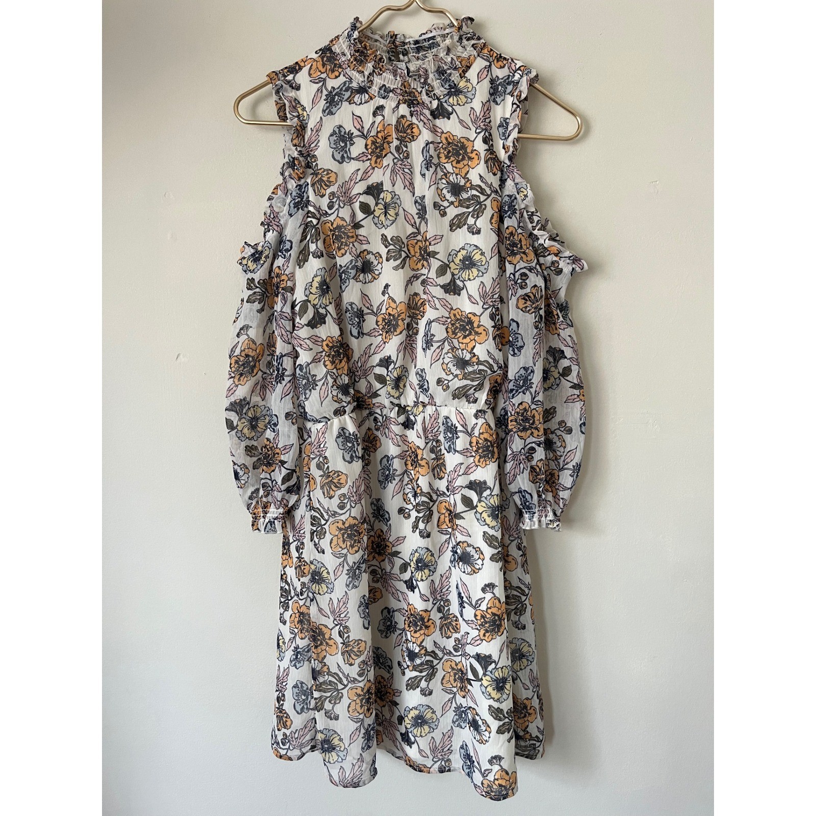 Eyeshadow Floral Cold Shoulder Mini Dress White Orange Blue Mock Neck Large
