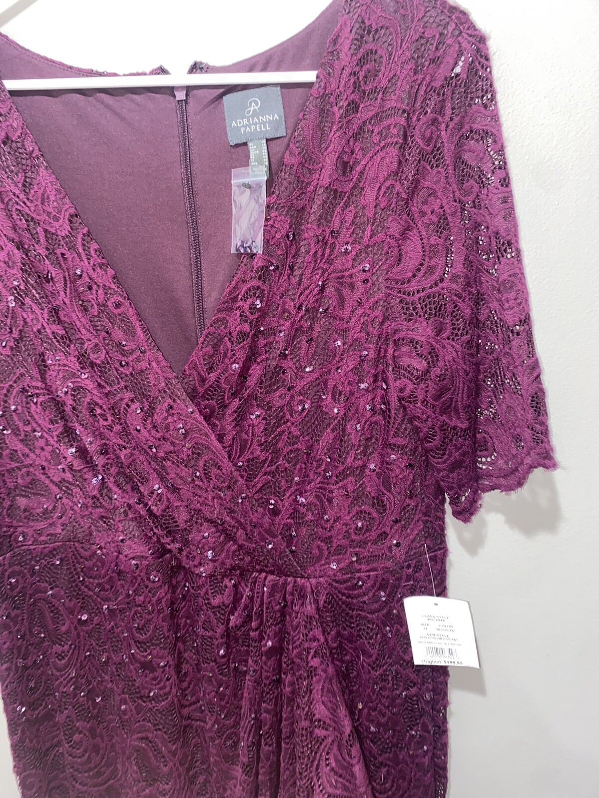NWT Adrianna Papell Floor Length Lace Dress w/ Draped Skirt, Eggplant, sz 14