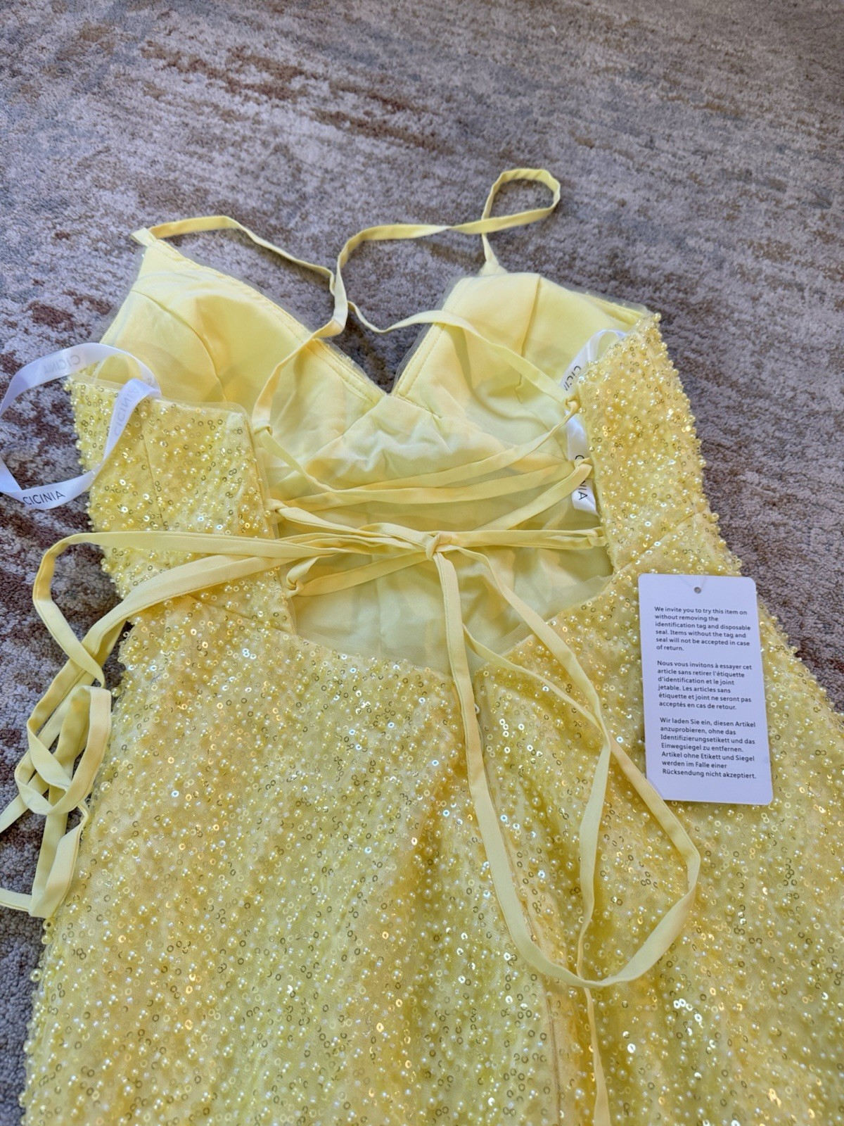 Cicinia V-Neck Daffodil Spaghetti Straps Prom Wedding Sequin Yellow Gown New