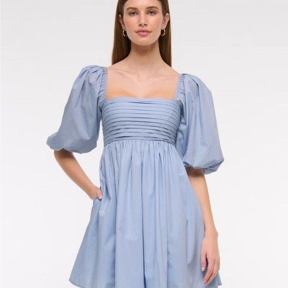 Abercrombie and Fitch Emerson Dress Large Poplin Puff Sleeve Mini Blue Cottage