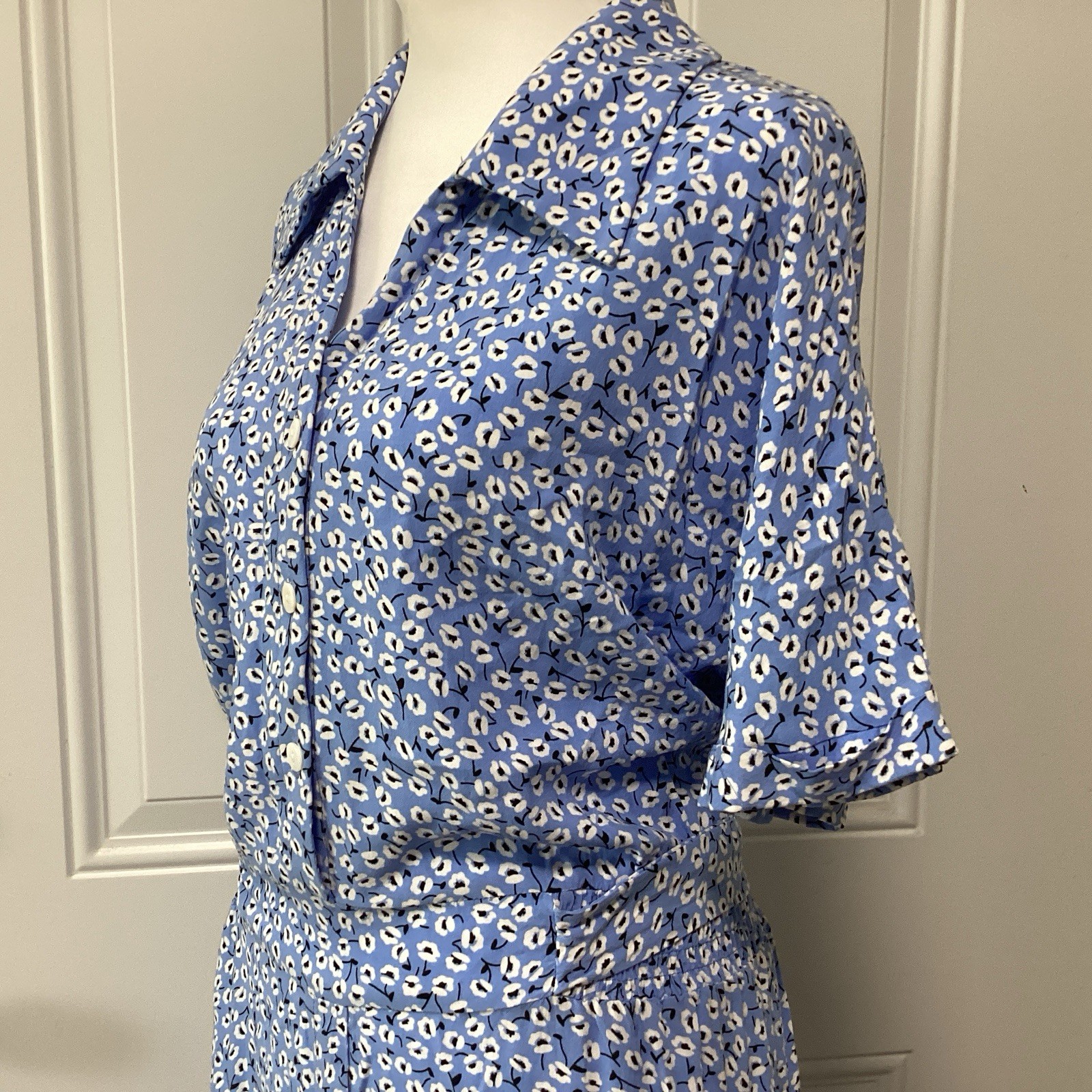 Blue Midi Button Up Short Sleeves Tie-Back Elastic Waist Size 2XL Dress