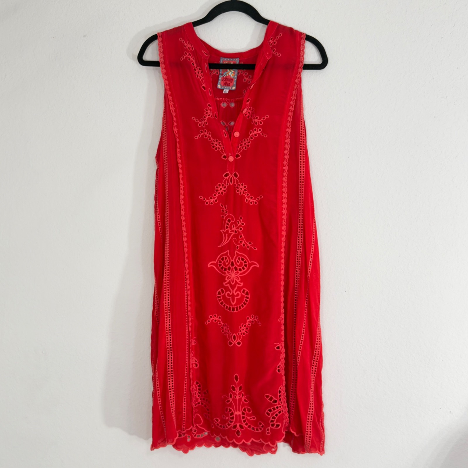 Johnny Was Rhodes Sleeveless Shift Dress Scarlet Red Embroidered Eyelet Accent M