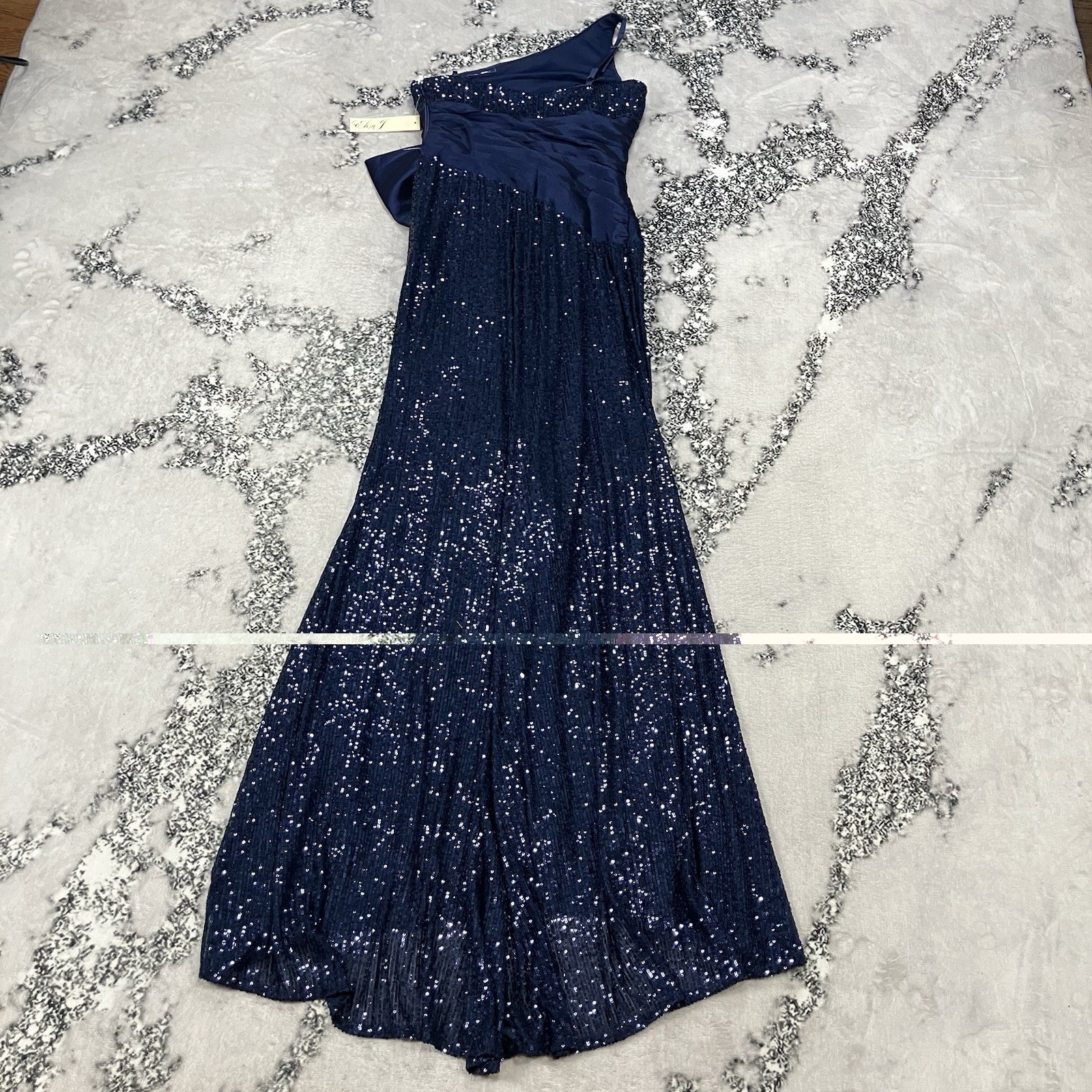 Eliza J Navy Sequin One Shoulder Bow Formal Cocktail Dress Womens Size 4 Gown