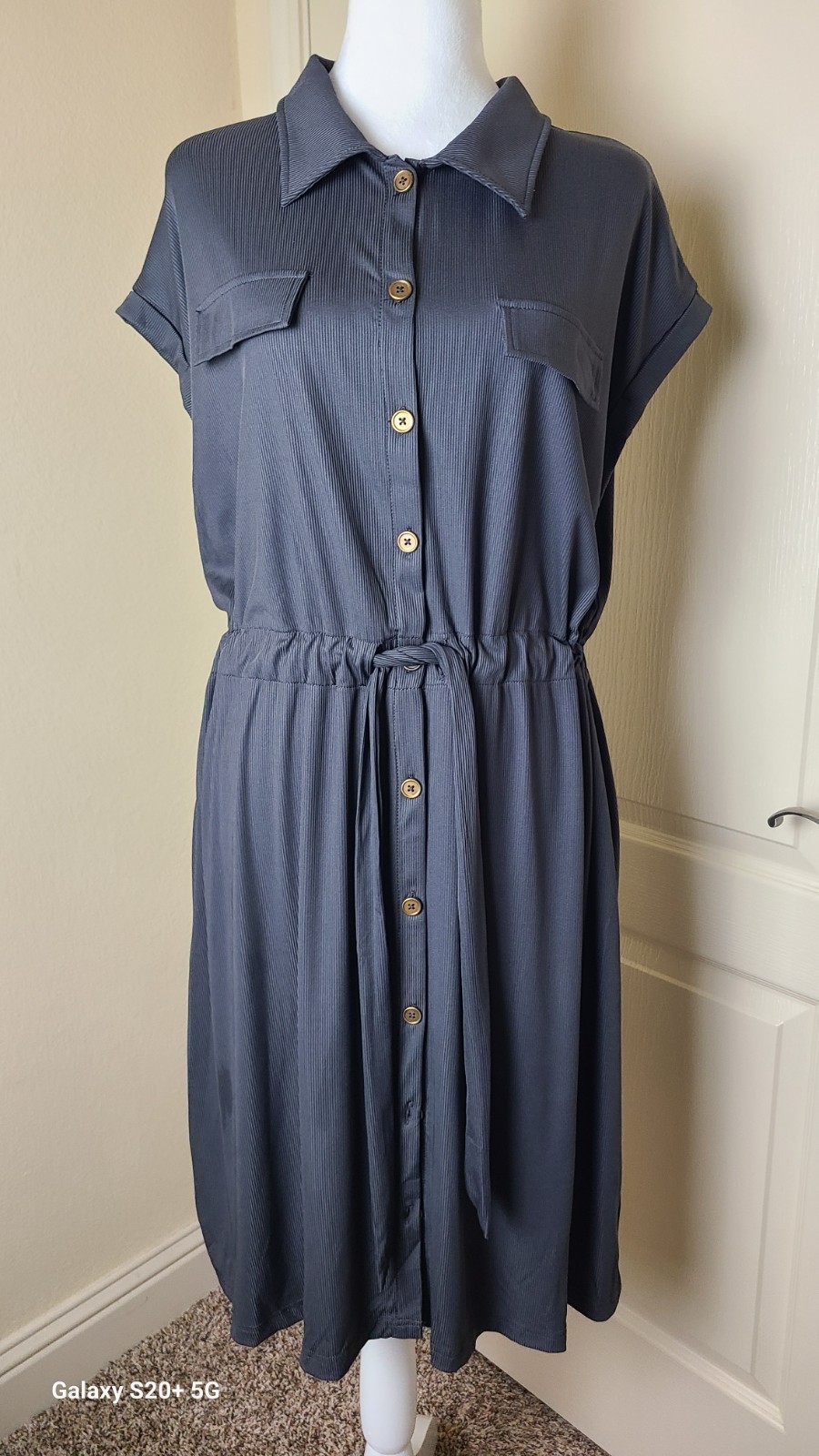 Lularoe Charcoal Gray Rib-knit Stacie Shirt Dress Chest Pockets Drawstring…