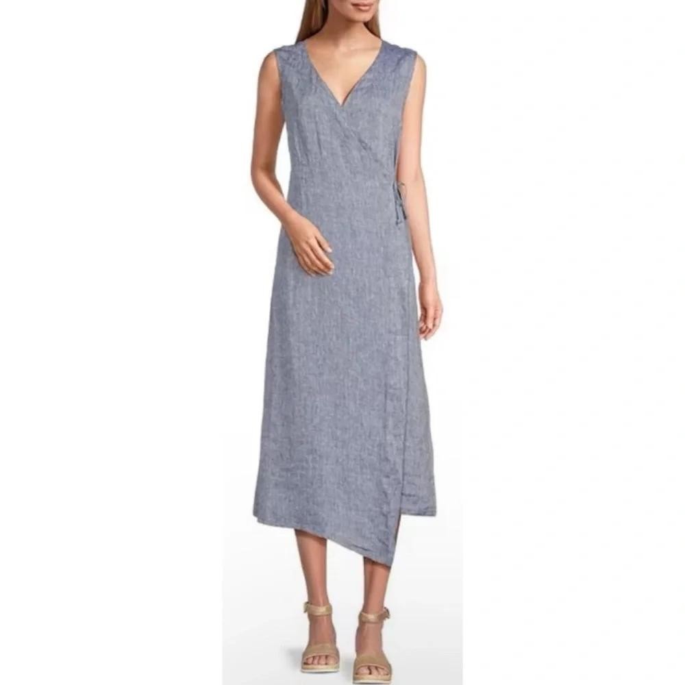 Bryn Walker Diana linen asymmetrical wrap maxi dress blue lightweight sleeveless
