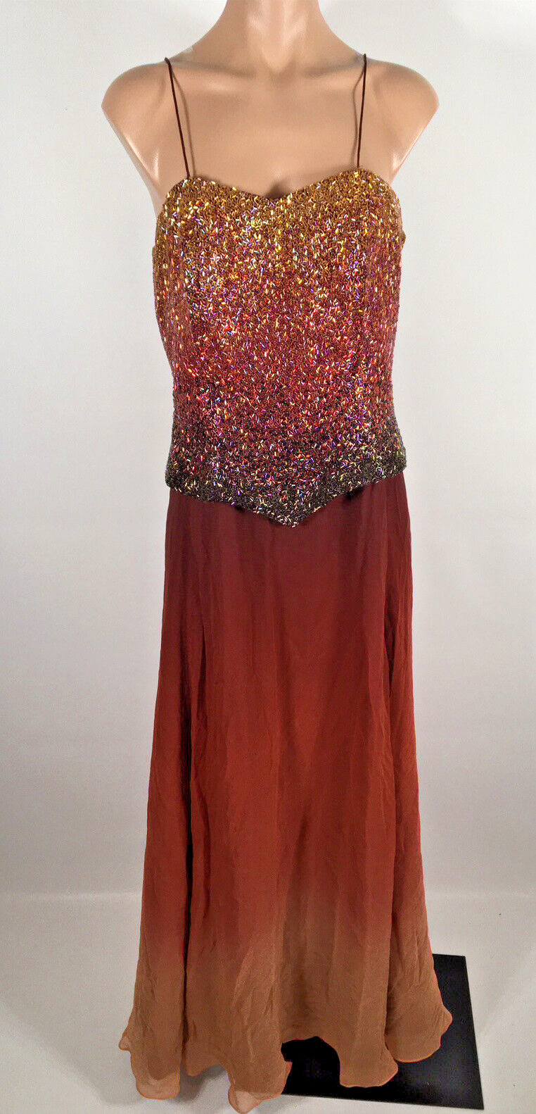Vintage Red Pink Gold Ombre Silk Beaded Formal Evening Dress Sz 12 Chiffon Cami