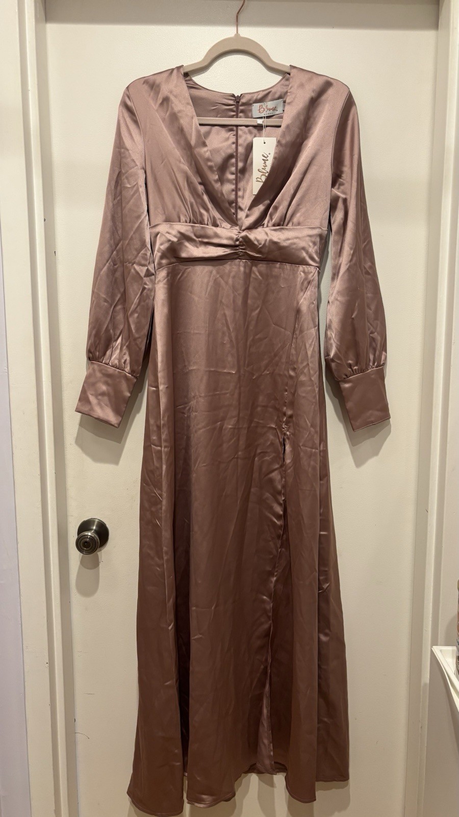 Blume Bridal Plunge Front Satin Maxi Dress With Wrap Skirt In Pink NWT US6
