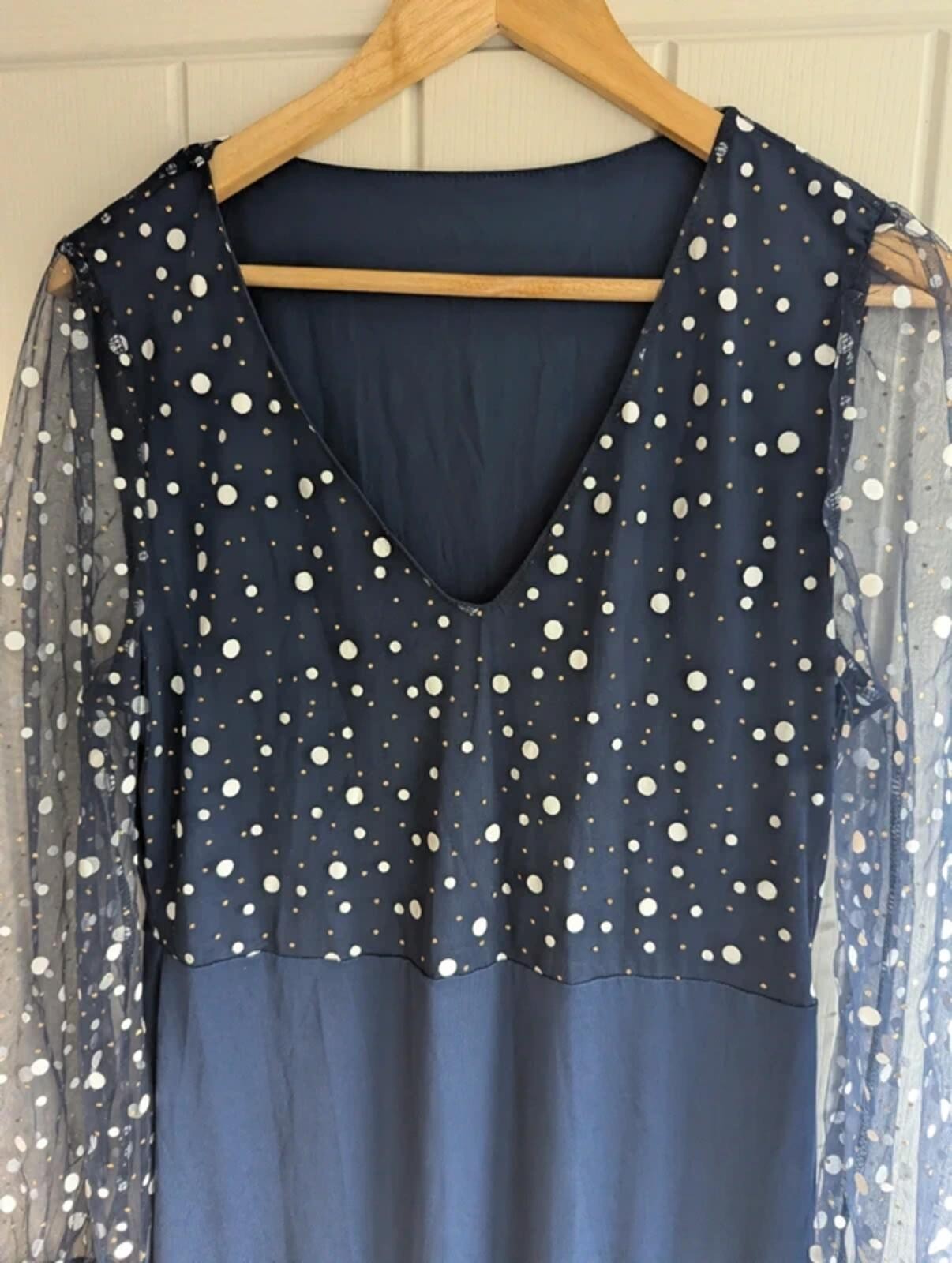 Navy Polka Dot Maxi Dress Size XL | Sheer Long Sleeve Ruffle Evening Occasion