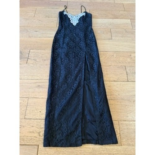 VNTG L.A. GLO Lace Maxi Dress 9/10 Black Excellent Sequin Applique Slit (1757)