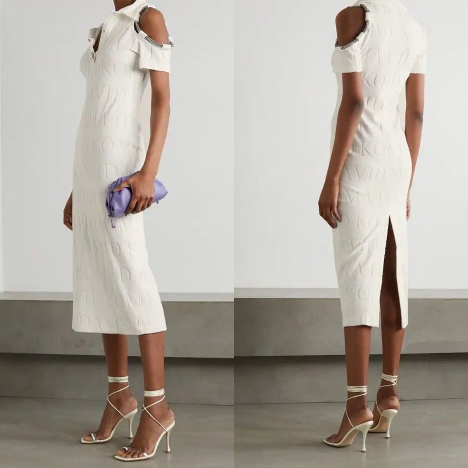 David Koma Crystal Embellished DK Intarsia Terry Logo Midi Dress White Size US 6