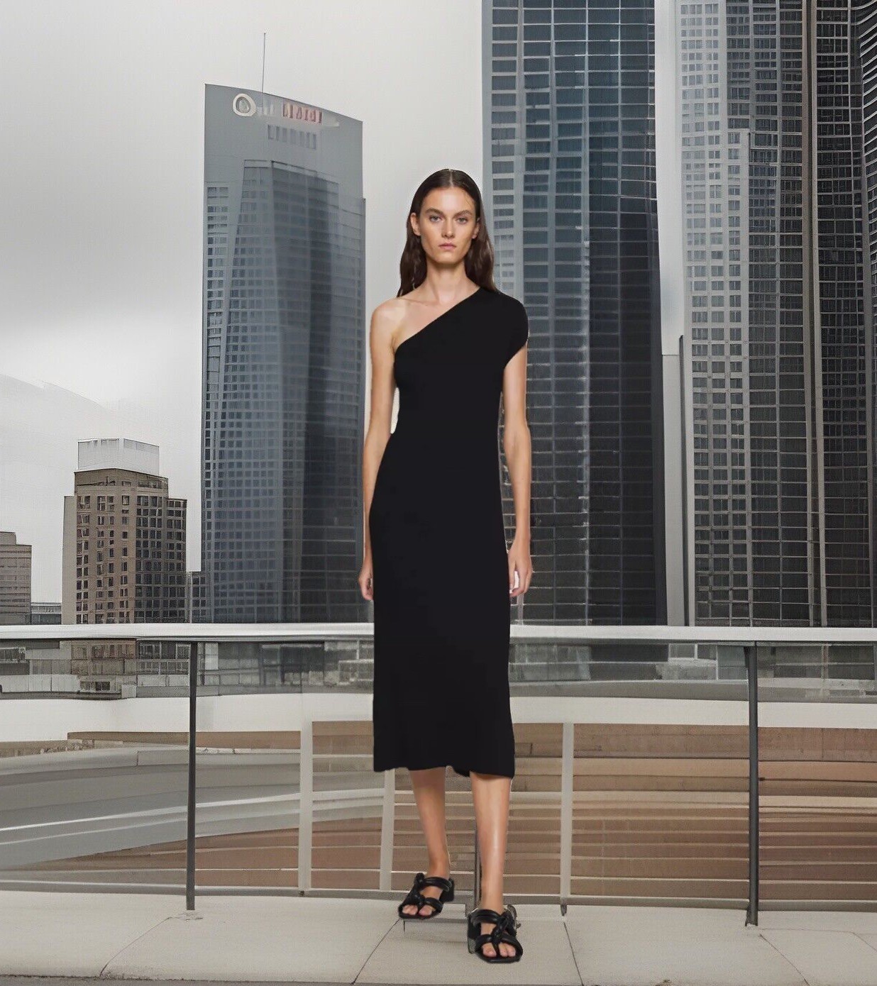 Filippa K Black One Shoulder Katia Midi Dress. XL $260