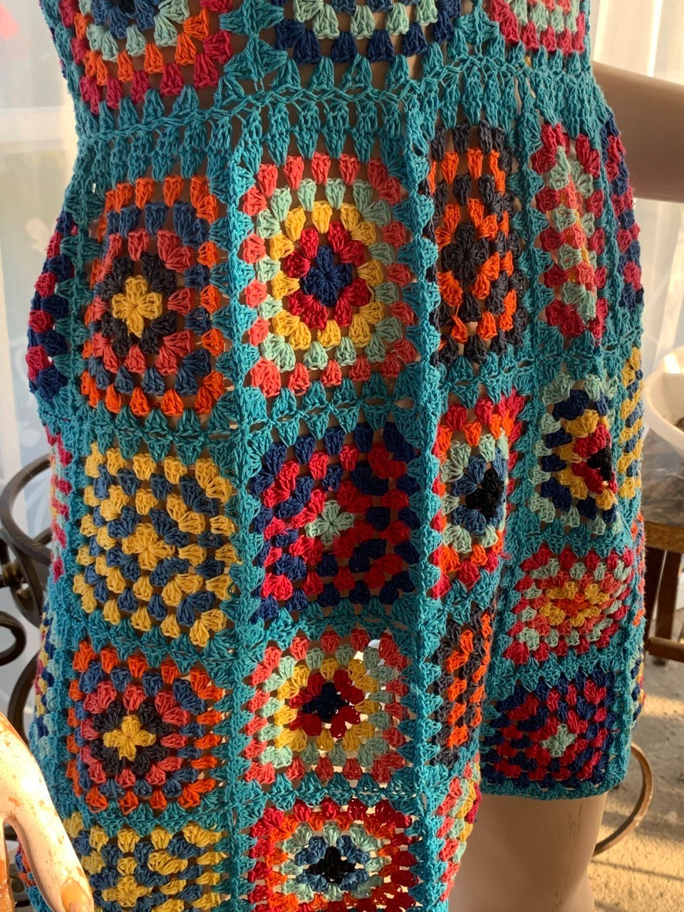 Handmade Granny Square Crochet Mini Dress Boho Festival Beach Cover Up