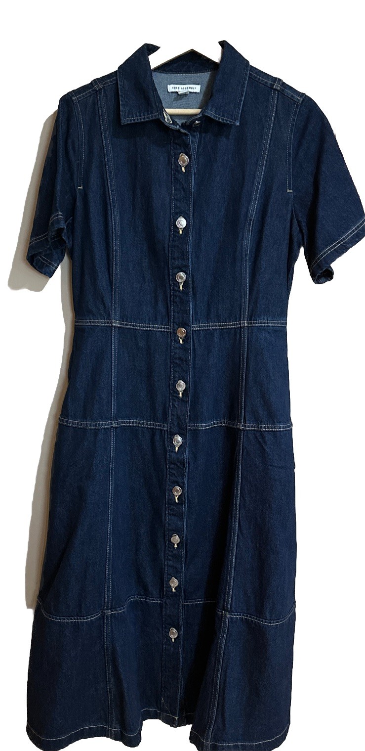 Free ASSEMBLY Women’s Denim Short Sleeves Buttons Midi-Dress Dark Indigo Wash M