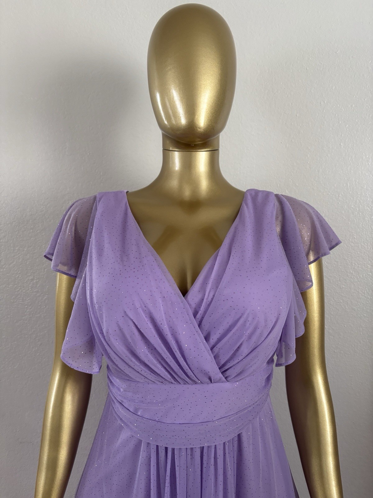 Purple Solid Ruched Maxi Dress V-Neck Flutter Short Sleeve Zip Closure Size L