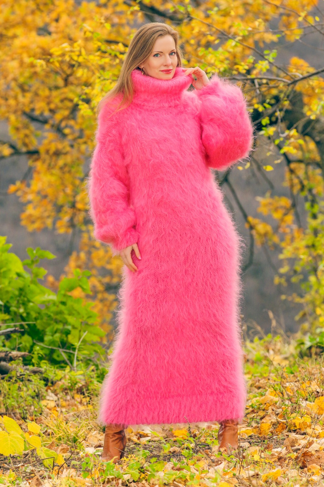 Fuzzy pink long mohair dress designer warm fluffy hand knit gown SuperTanya L-XL