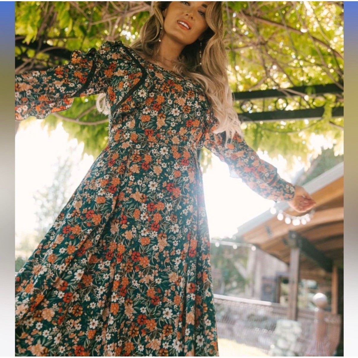 Ivy City Co Floral Naomi Midi Dress A-Line Ruffle Sleeve Teal Long Sleeve Size L