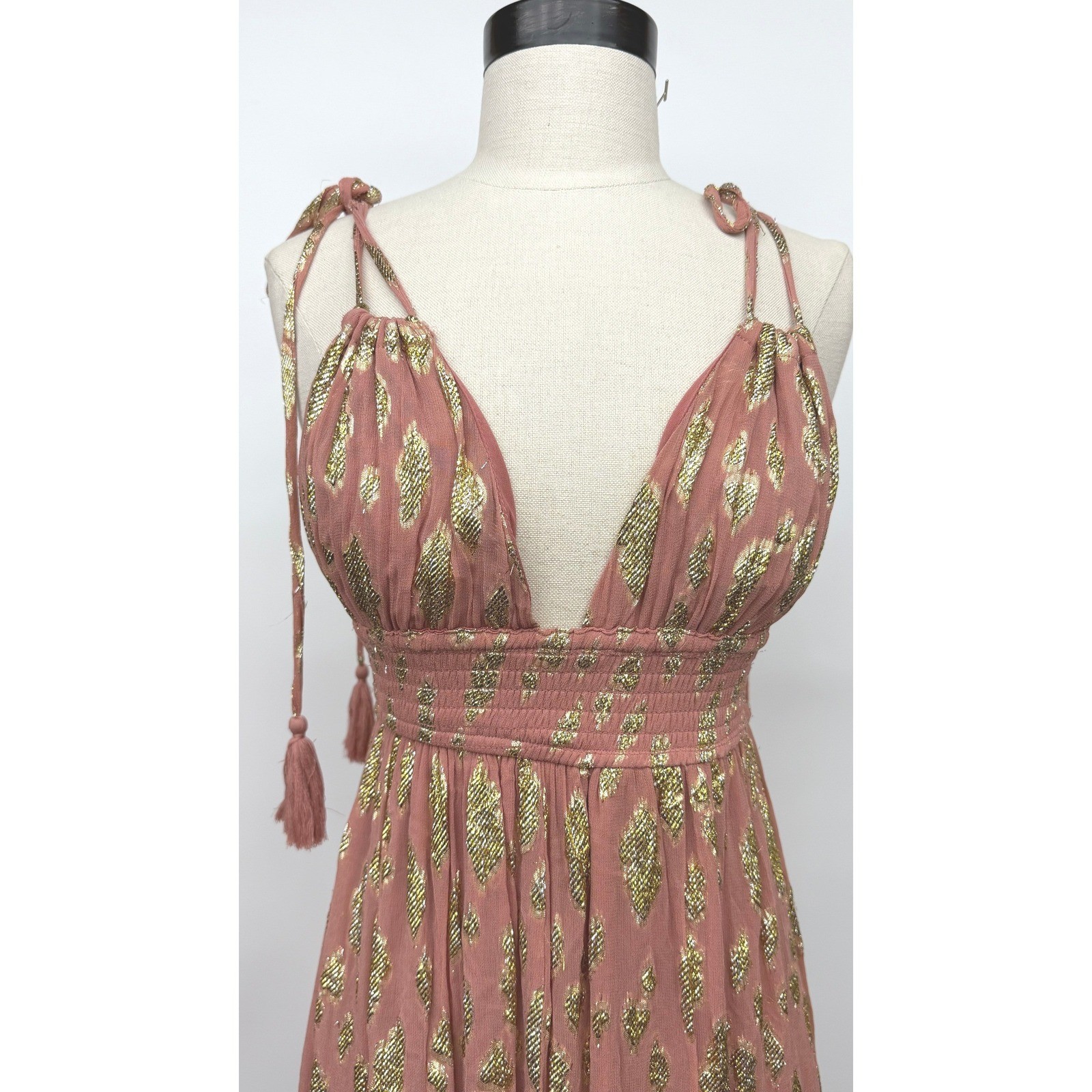 Altar’d State Pink Gold Metallic Maxi Dress Smocked Waist Tassel Straps Small