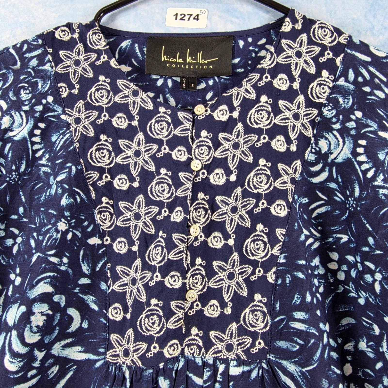 Nicole Miller Collection Navy Blue Floral Embroidered Drop Waist Dress Womens S