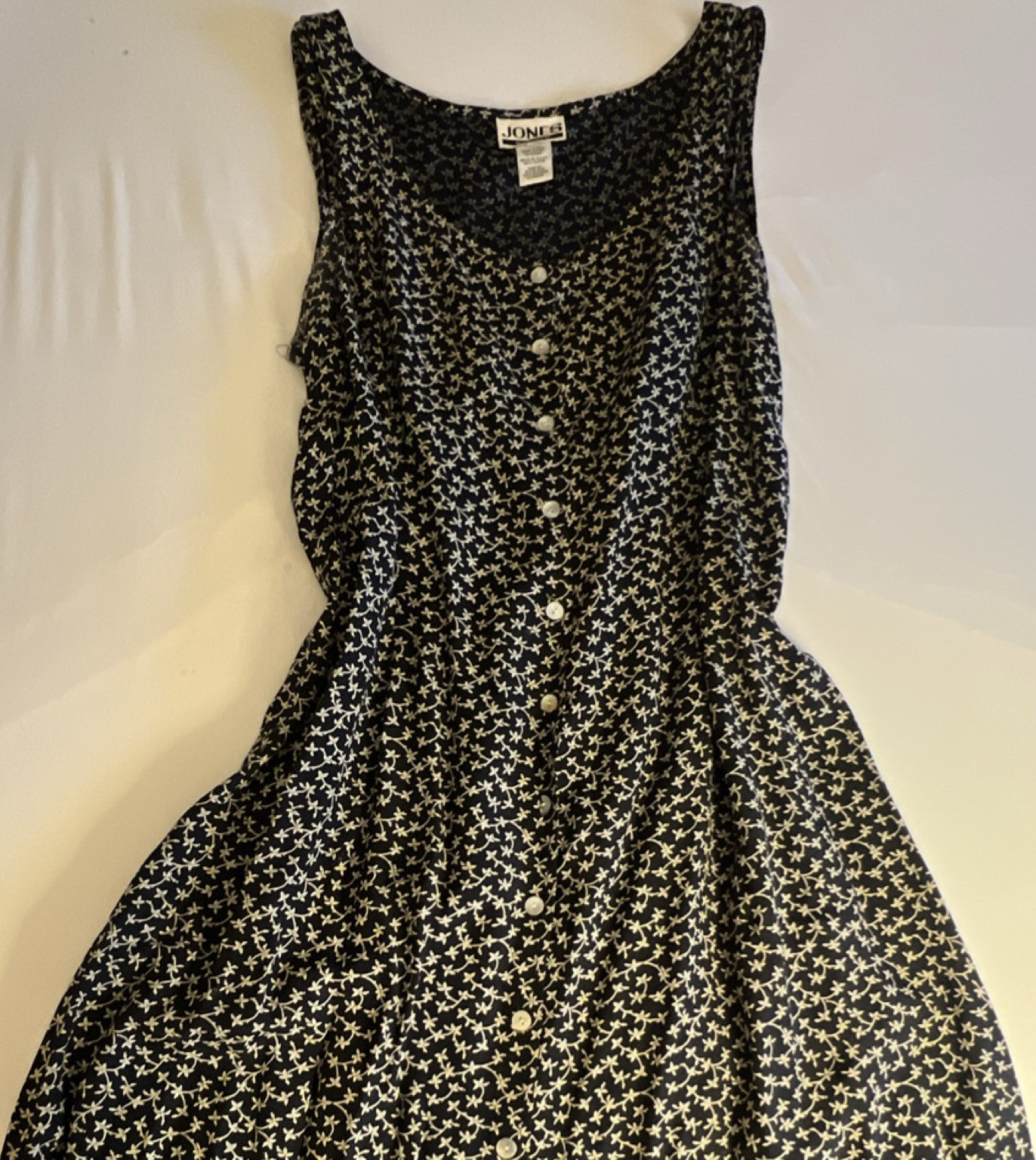 Vintage Jones Studio Black White Floral A-Line Long Dress Button Drawstring L