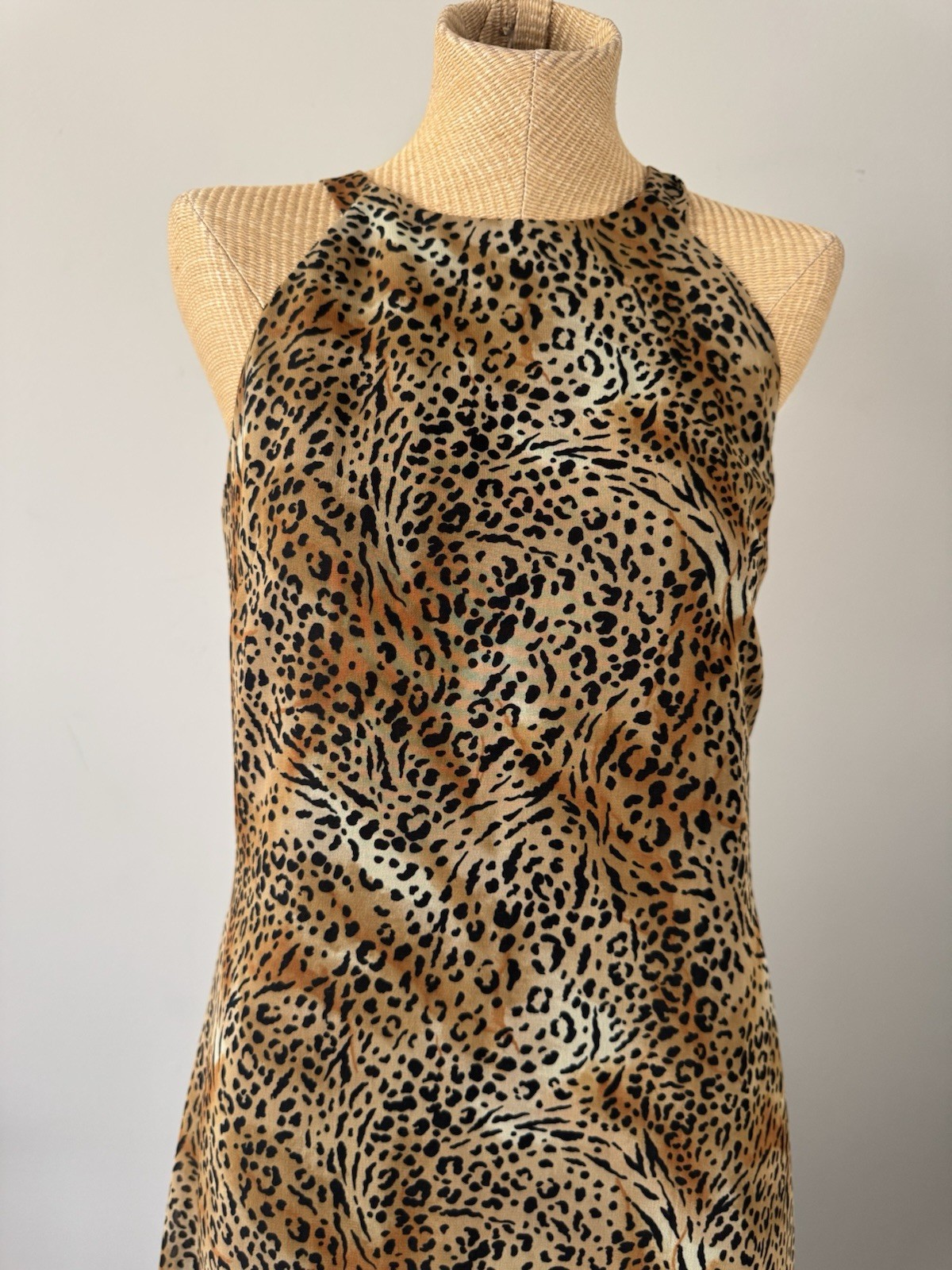 VTG 80s 90s Leopard Cheetah Animal Print Maxi Dress Flowy Criss Cross Back Sz 10