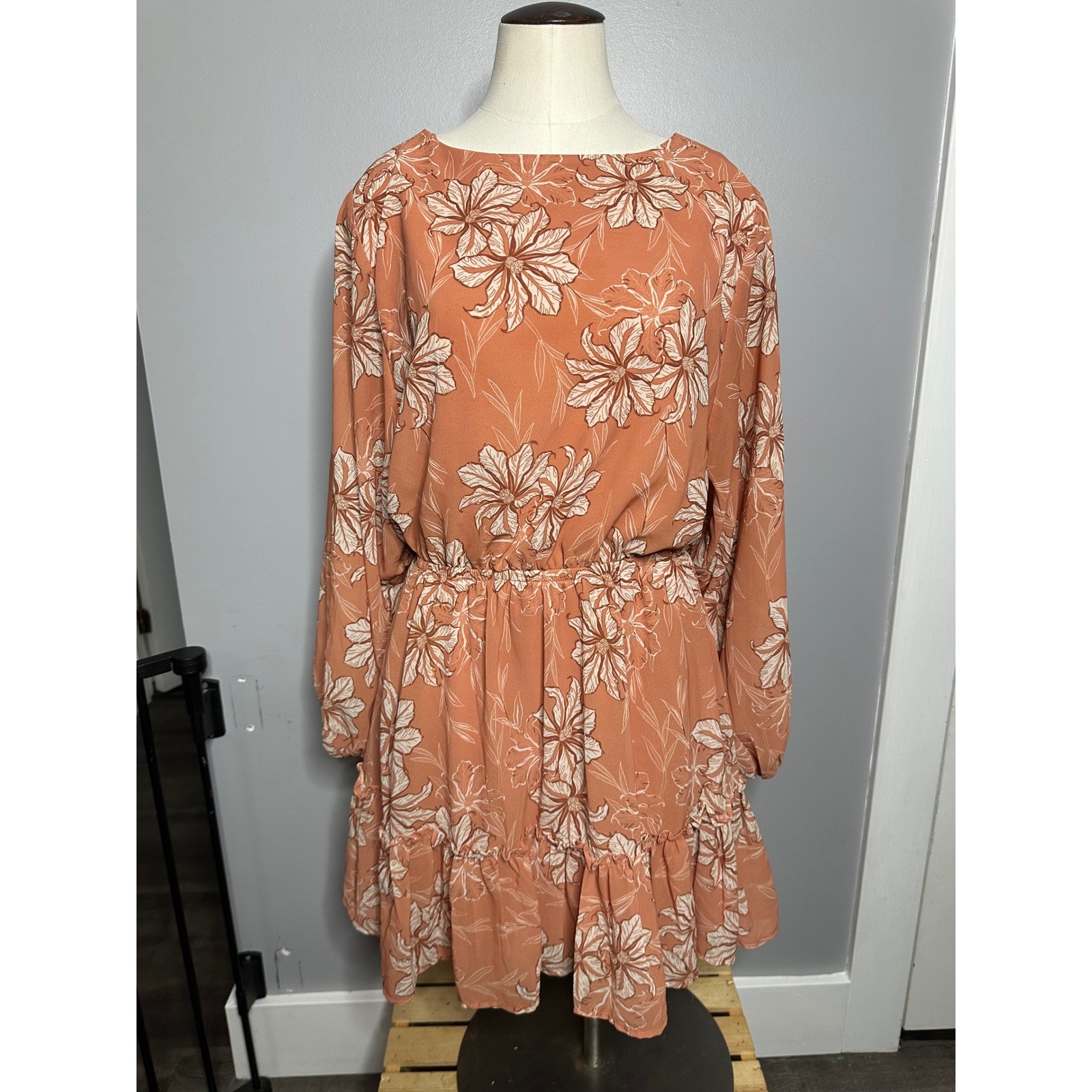 Flying Tomato Orange Floral Long Sleeve Mini Dress Boho Ruffle Hem Keyhole Large