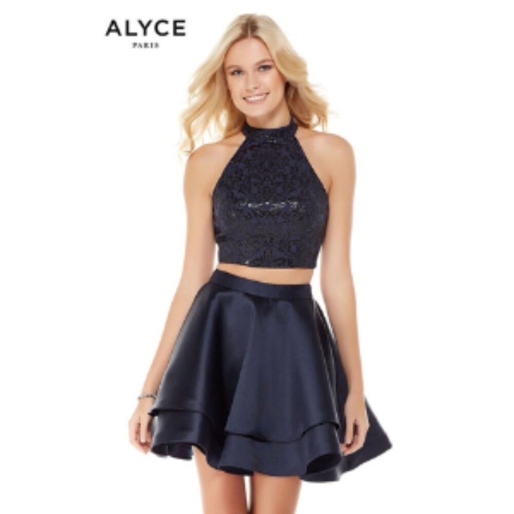 Alyce Paris 4068 2 Piece Jacquard Dark Blue Navy Cocktail Homecoming Dress Sz 00