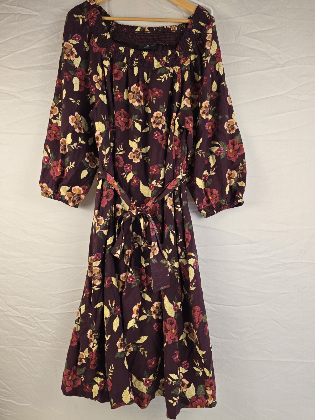 Lane Bryant Purple Floral Smocked Square Neck Belted Lined Midi Dress 14/16