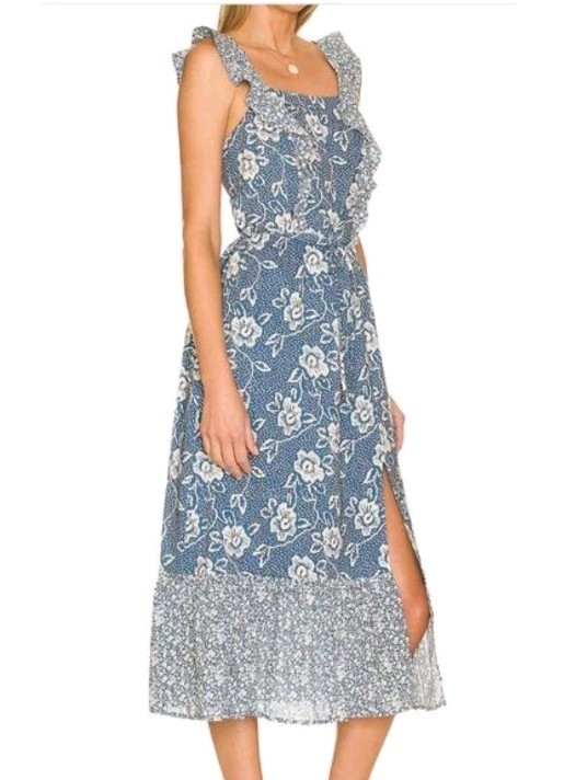 PAIGE Poppy Flutter Sleeve Blue Floral Midi Dress Ruffle Tie Waist Coastal Sz S