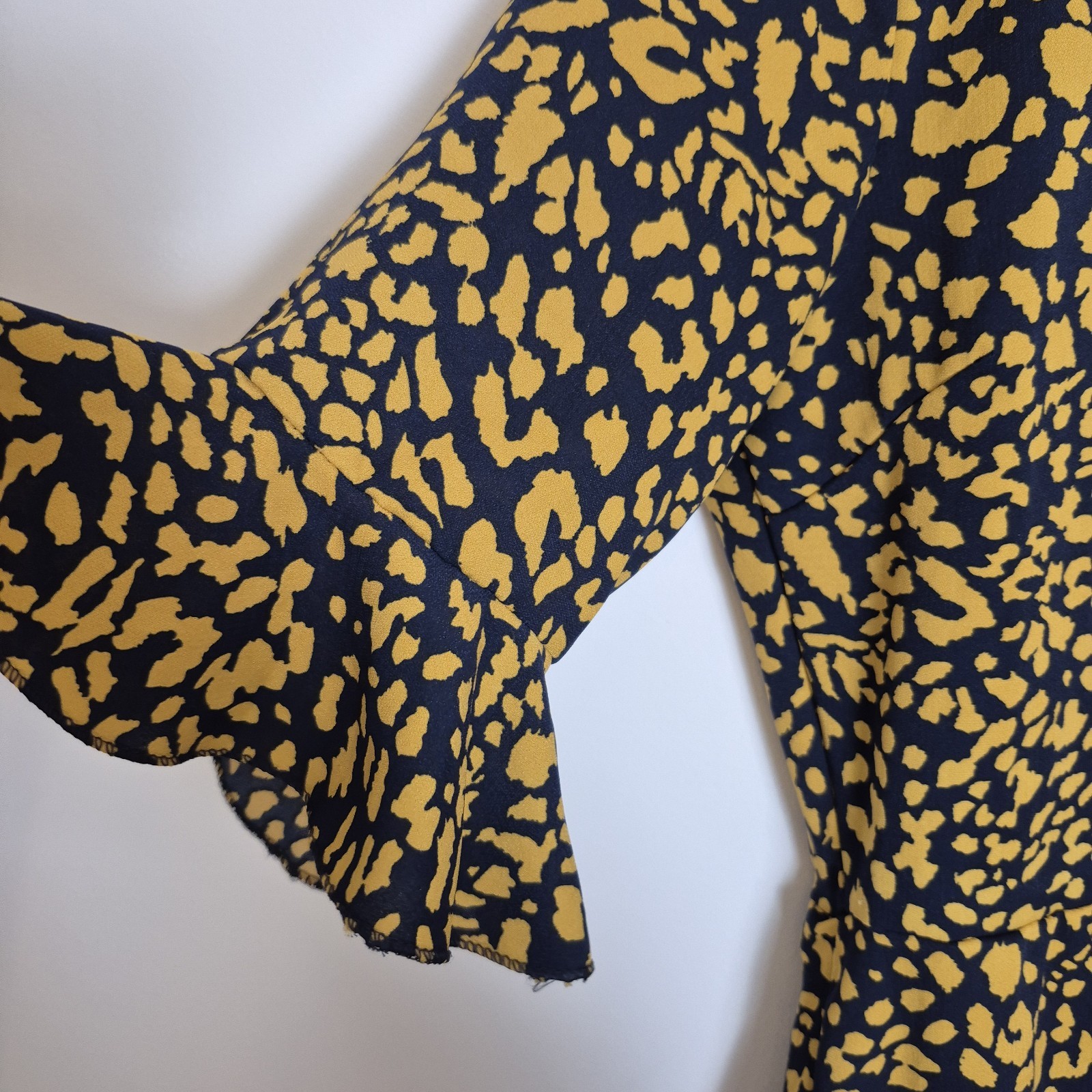 CY S/M Black Yellow Ruffle Frill Wrap Dress 3/4 Sleeve Tea Dress