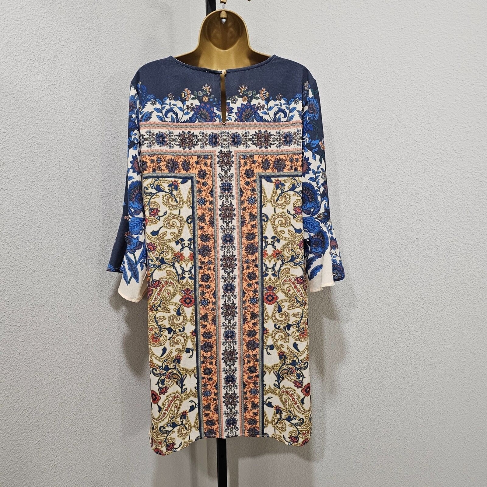 Multicolor Paisley Shift Dress Large Flare Sleeve Boho Artistic Peasant Hippie