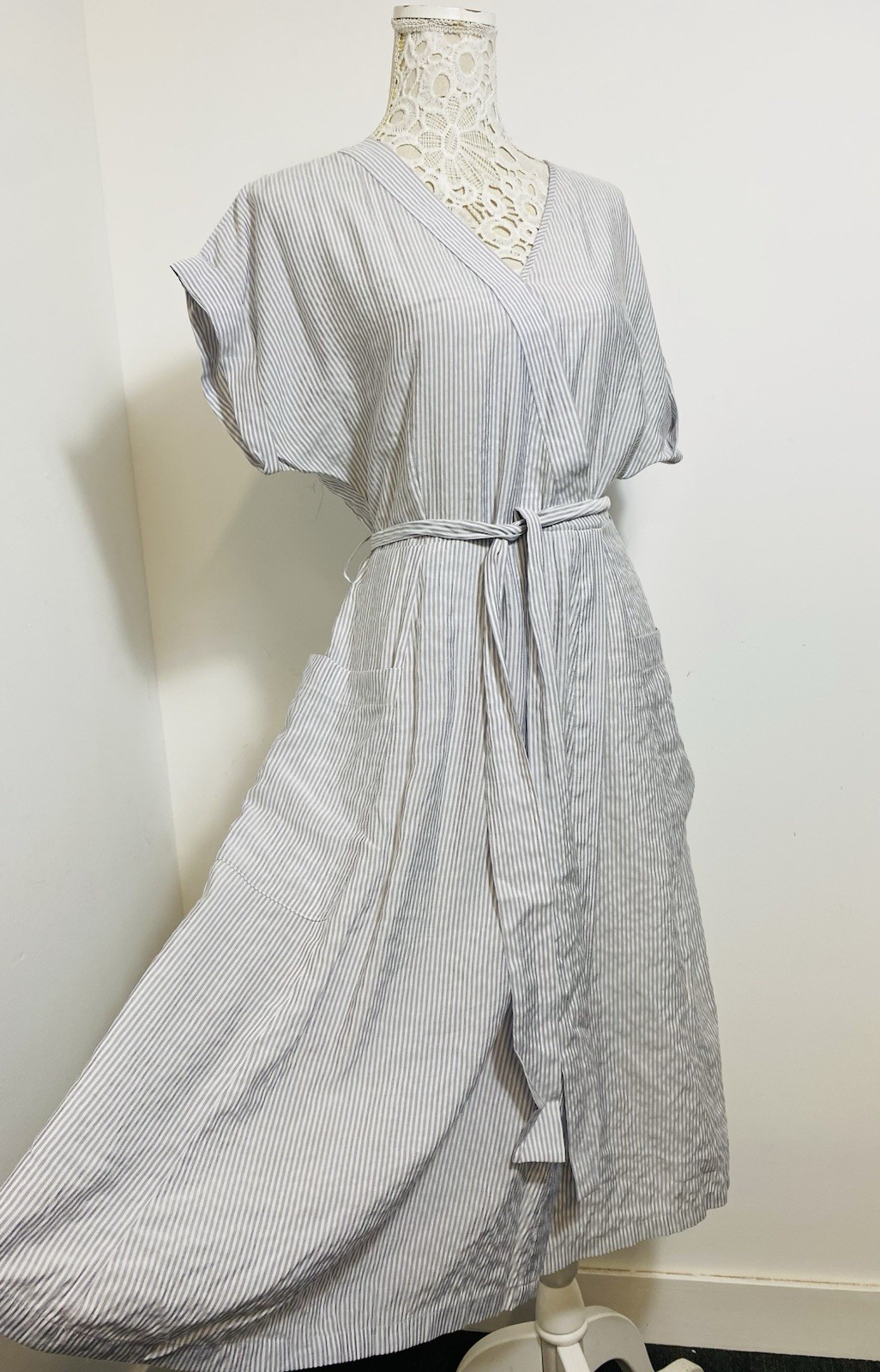 Oliver Bonas Cotton Striped Summer Wrap Dress Grey/white Size14