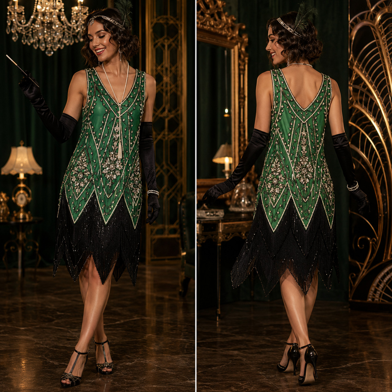 Retro 20s Green Gold Sequin Fringe Flapper Dress XL Gatsby Party Formal Art Deco