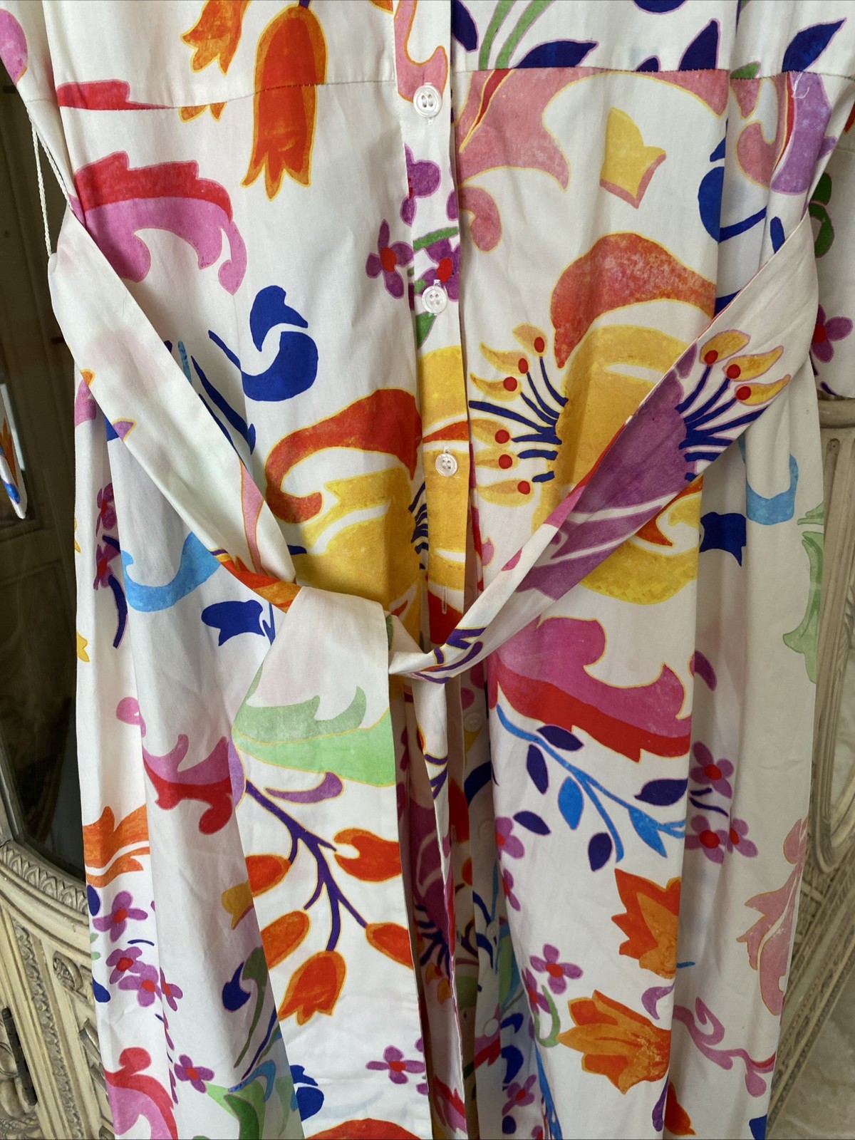 ZARA OFF WHITE MULTI Colored FLORAL PRINT Long Cotton SHIRT DRESS SZ XL Belted
