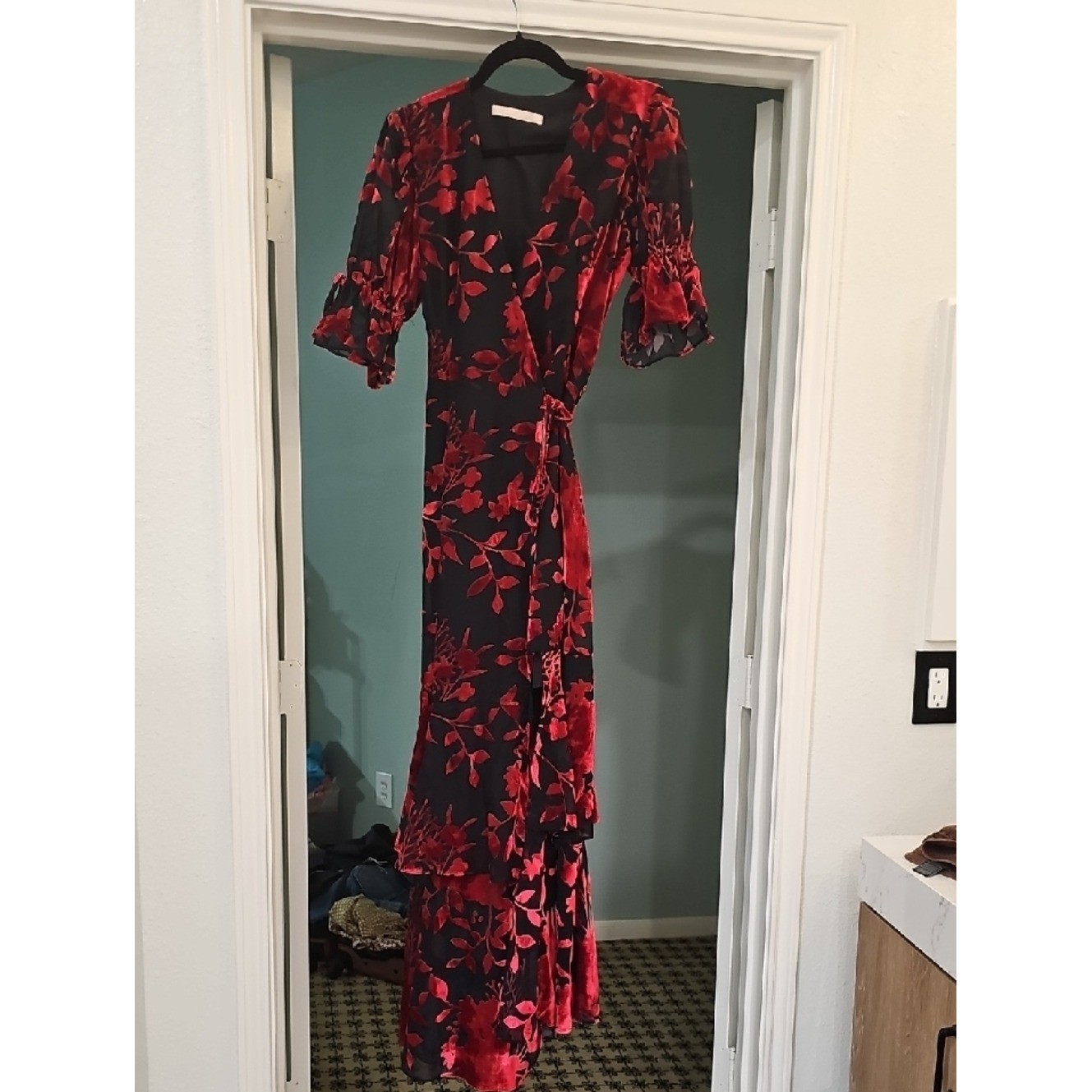 Hutch Black Maxi Dress with Red Floral Velvet Burnout