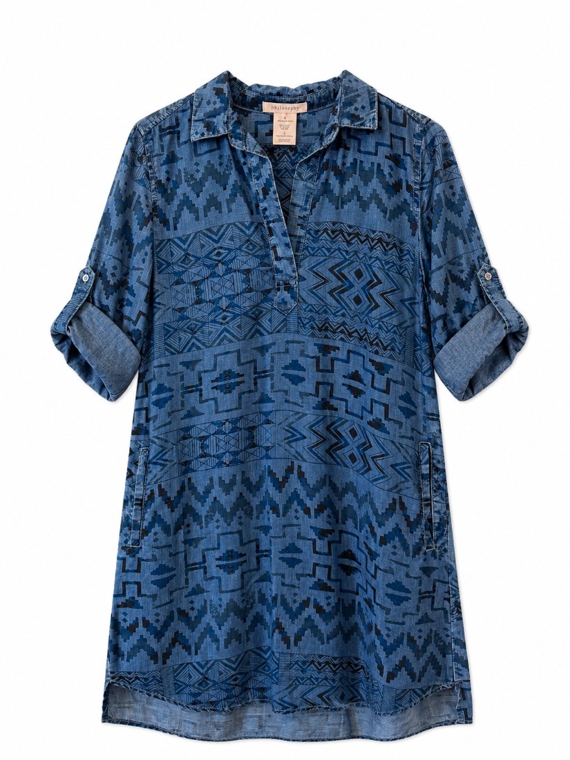 Philosophy Womens Aztec Print Chambray Shirt Dress Tencel Blue Size S