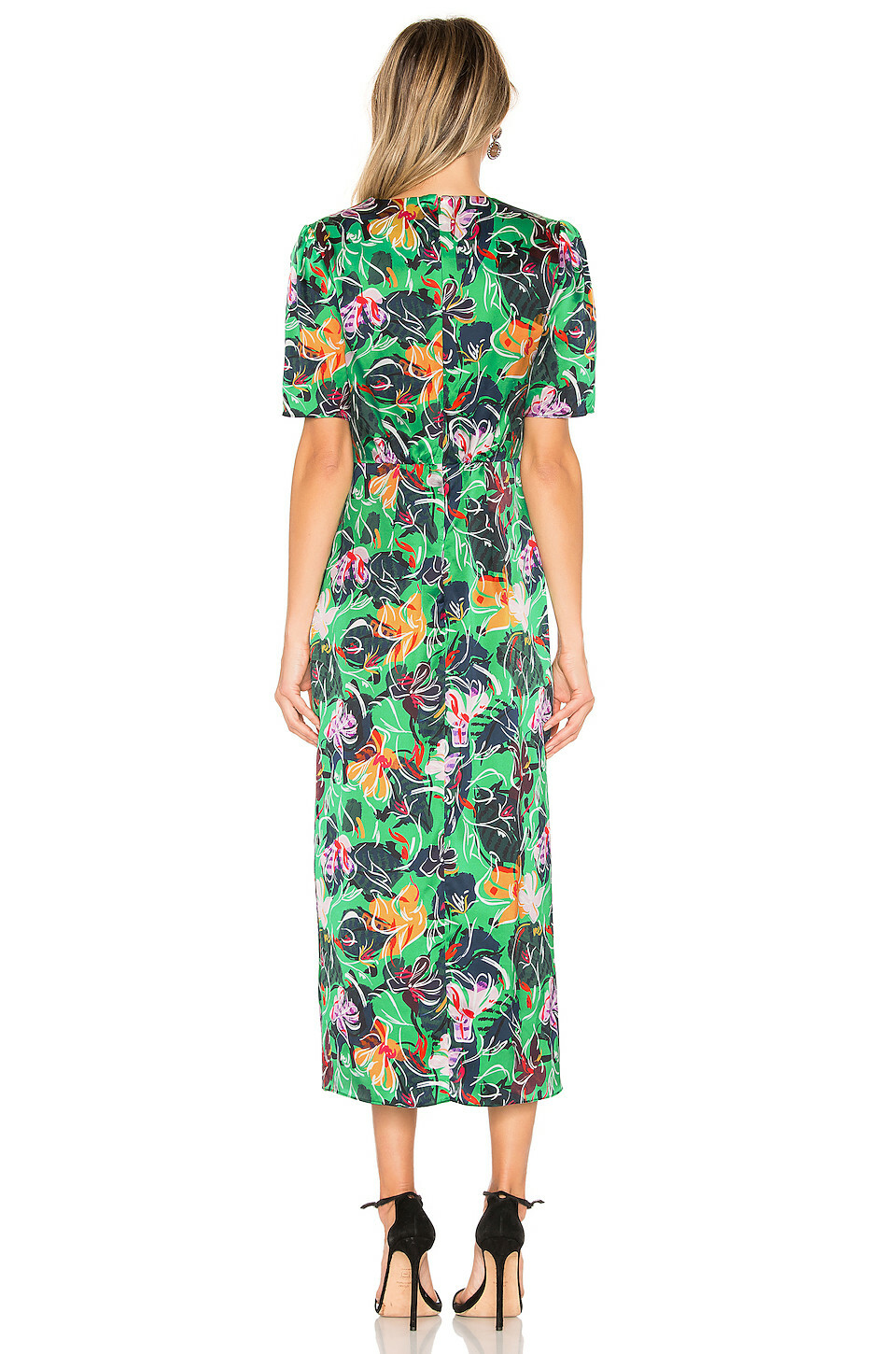 SALONI Green Floral Botanical Print EDEN Satin Silk Hi-Slit Midi Dress 10US 14UK