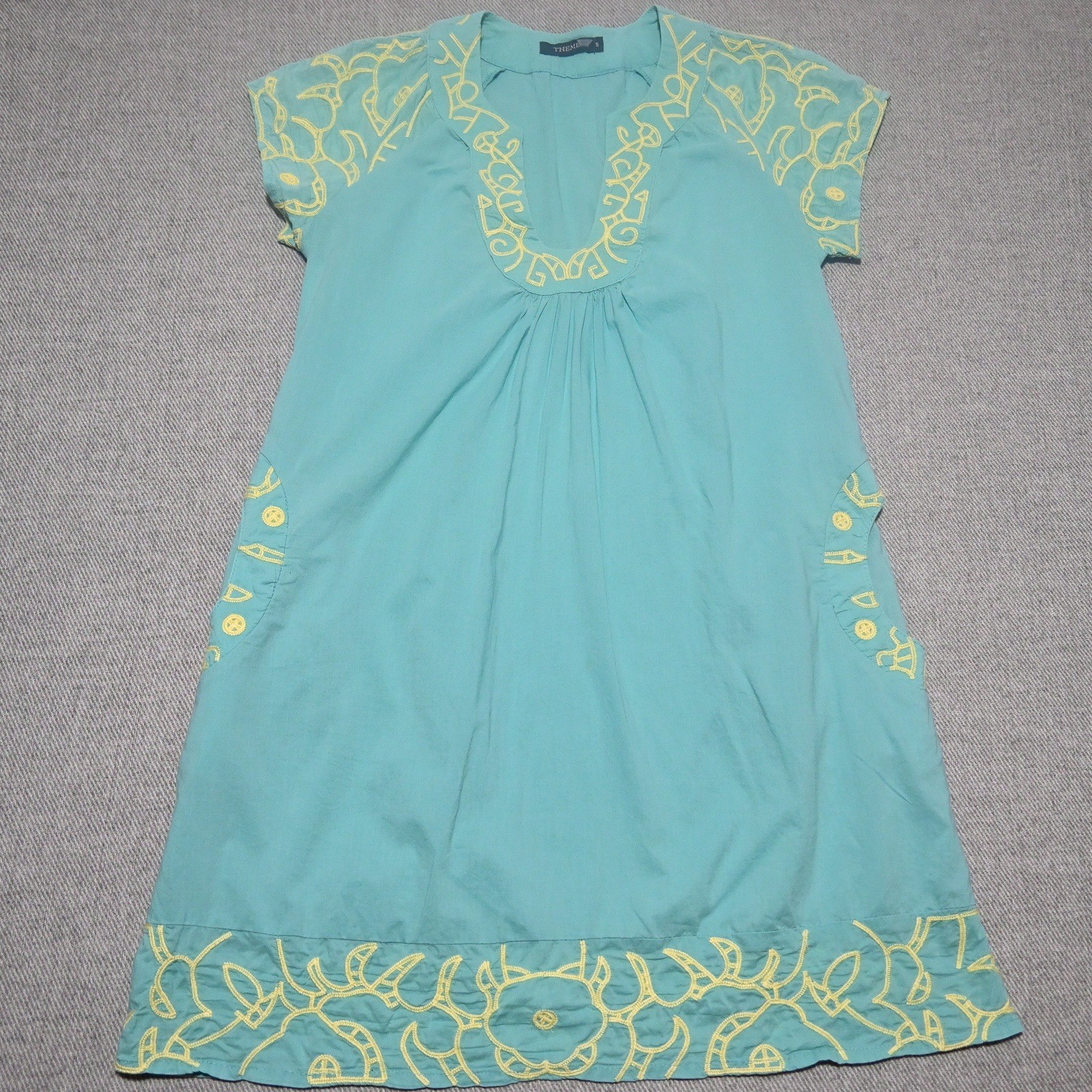 THEME Shift Dress Womens Embroidered Boho Pockets Mini S Turquoise Yellow